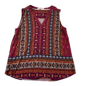 Magnolia Grace Boho Paisley Sleeveless V-Neck Henley Top Purple Large Women